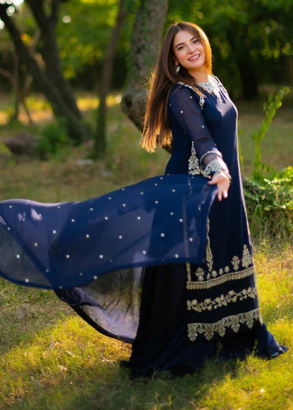 Noor-e-Rang Embroidered Blue Chiffon Long Shirt Sharara Suit Ready to Wear Pakistani Festive Party Wear Women's Outfit