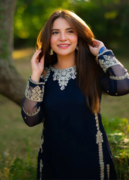 Noor-e-Rang Embroidered Blue Chiffon Long Shirt Sharara Suit Ready to Wear Pakistani Festive Party Wear Women's Outfit