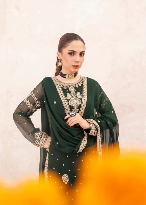 Rang-e-Mehfil Embroidered Dark Green Chiffon Flared Lehenga Suit Ready to Wear Pakistani Festive Party Wear Women's Outfit