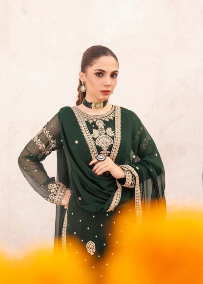 Rang-e-Mehfil Embroidered Dark Green Chiffon Flared Lehenga Suit Ready to Wear Pakistani Festive Party Wear Women's Outfit