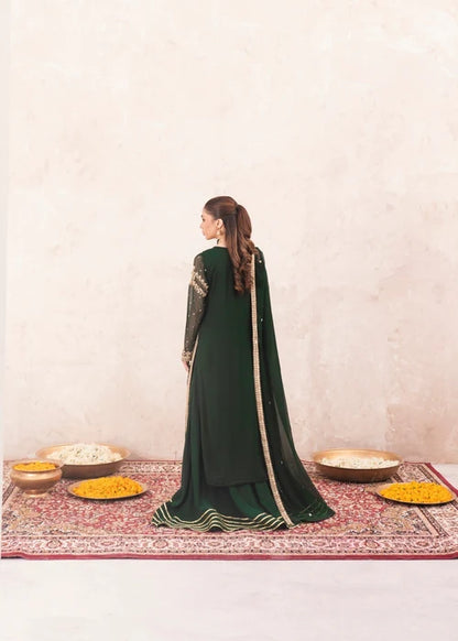 Rang-e-Mehfil Embroidered Dark Green Chiffon Flared Lehenga Suit Ready to Wear Pakistani Festive Party Wear Women's Outfit