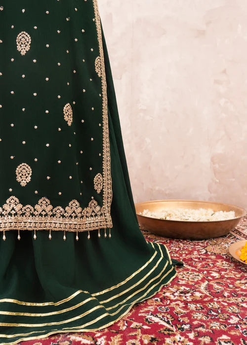 Rang-e-Mehfil Embroidered Dark Green Chiffon Flared Lehenga Suit Ready to Wear Pakistani Festive Party Wear Women's Outfit