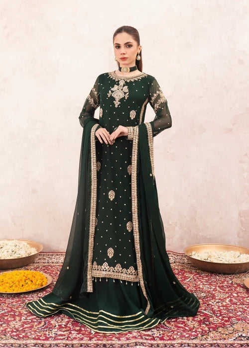 Rang-e-Mehfil Embroidered Dark Green Chiffon Flared Lehenga Suit Ready to Wear Pakistani Festive Party Wear Women's Outfit