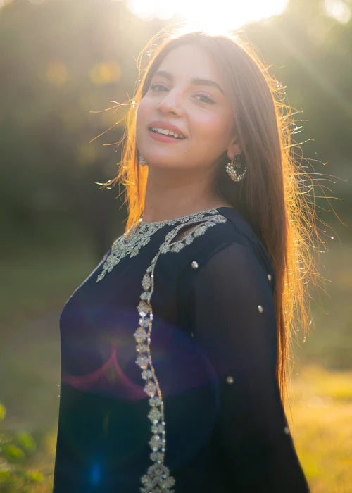 Noor-e-Rang Embroidered Blue Chiffon Long Shirt Sharara Suit Ready to Wear Pakistani Festive Party Wear Women's Outfit
