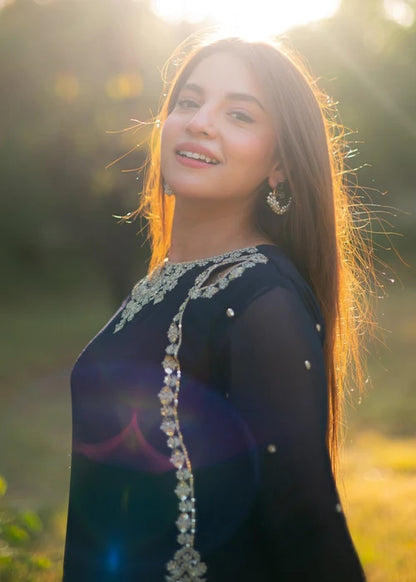 Noor-e-Rang Embroidered Blue Chiffon Long Shirt Sharara Suit Ready to Wear Pakistani Festive Party Wear Women's Outfit