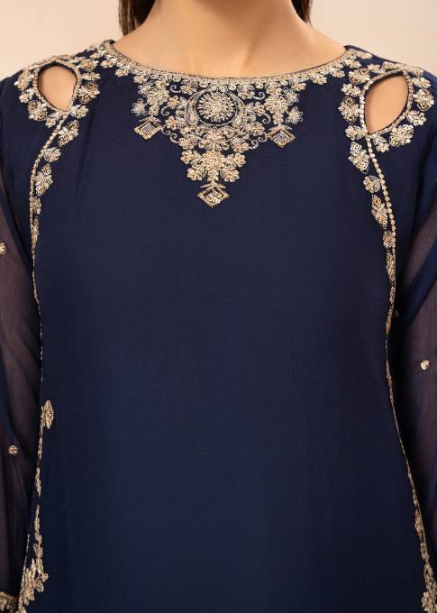 Noor-e-Rang Embroidered Blue Chiffon Long Shirt Sharara Suit Ready to Wear Pakistani Festive Party Wear Women's Outfit