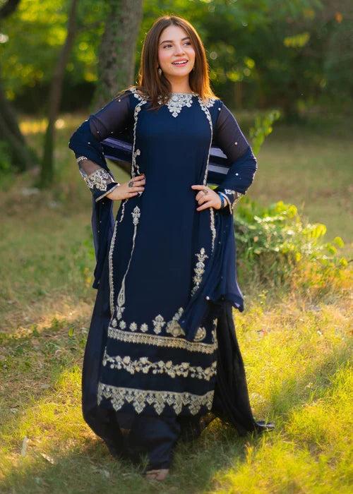Noor-e-Rang Embroidered Blue Chiffon Long Shirt Sharara Suit Ready to Wear Pakistani Festive Party Wear Women's Outfit
