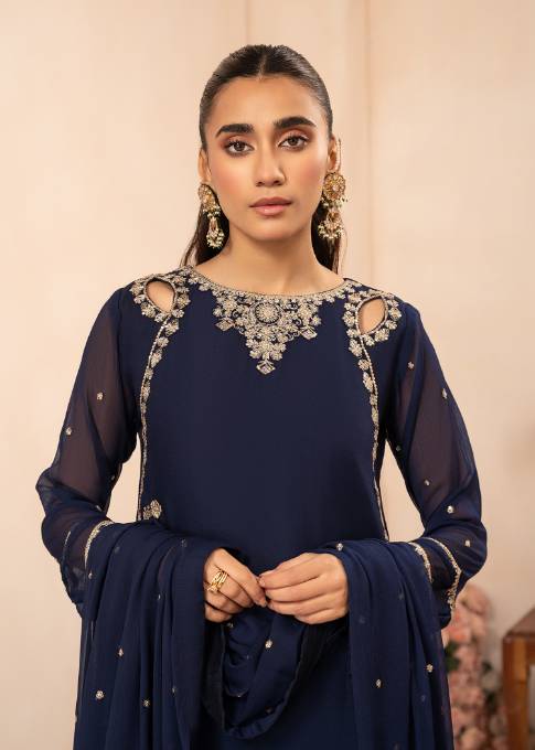 Noor-e-Rang Embroidered Blue Chiffon Long Shirt Sharara Suit Ready to Wear Pakistani Festive Party Wear Women's Outfit