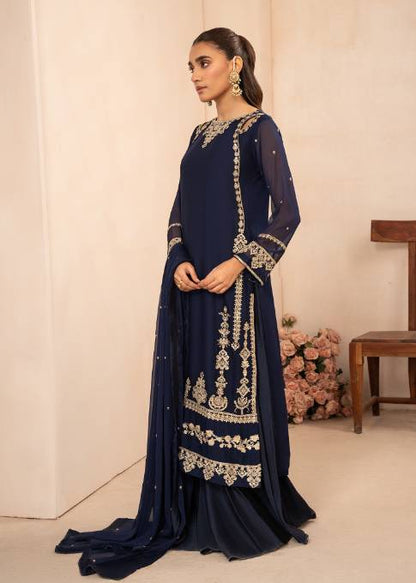 Noor-e-Rang Embroidered Blue Chiffon Long Shirt Sharara Suit Ready to Wear Pakistani Festive Party Wear Women's Outfit