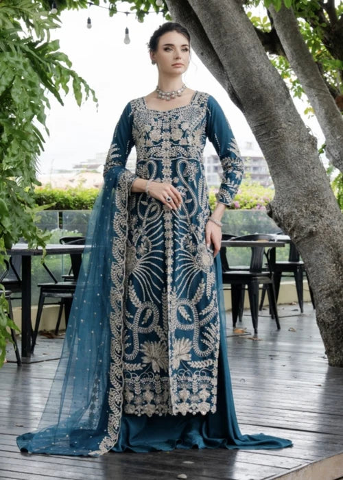 AGHA JAAN Luxury Teal Embroidered Net Long Shirt Lehenga Suit Ready to Wear Pakistani Festive Party Wear Women's Outfit