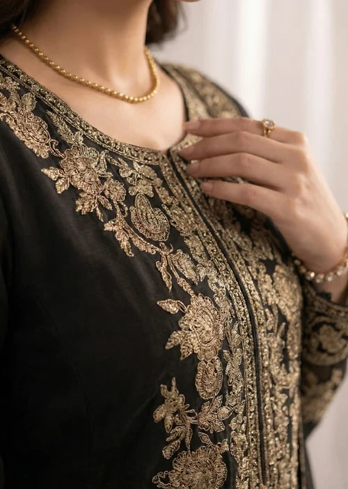 Gulnoor Jet Black Embroidered Bemberg Crinkle Chiffon Flared Maxi Suit Ready to Wear Pakistani Festive Party Wear Women's Outfit
