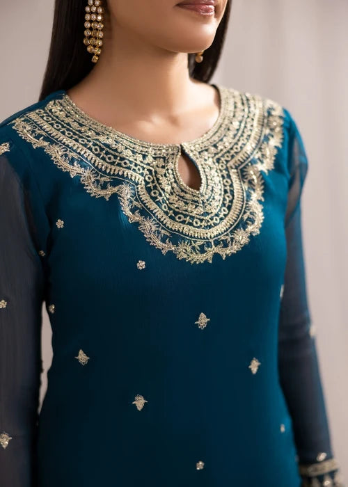 Gulmeher Teal Blue Embroidered Bemberg Crinkle Chiffon Long Kurta Set Ready to Wear Pakistani Festive Party Wear Women's Outfit