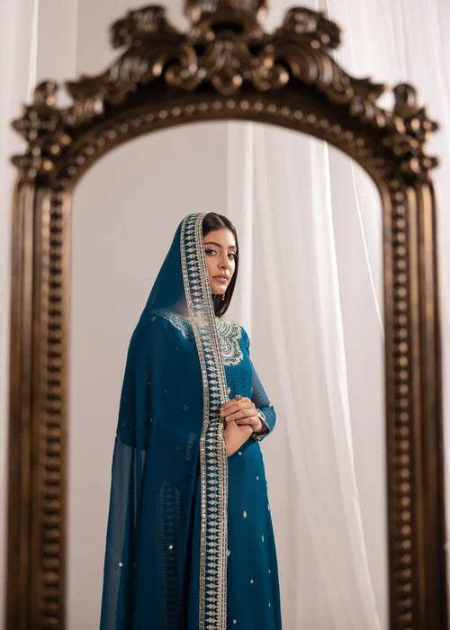 Gulmeher Teal Blue Embroidered Bemberg Crinkle Chiffon Long Kurta Set Ready to Wear Pakistani Festive Party Wear Women's Outfit