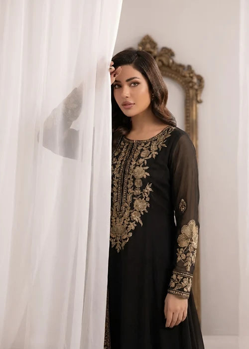 Gulnoor Jet Black Embroidered Bemberg Crinkle Chiffon Flared Maxi Suit Ready to Wear Pakistani Festive Party Wear Women's Outfit