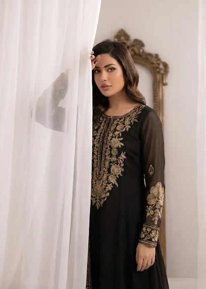 Gulnoor Jet Black Embroidered Bemberg Crinkle Chiffon Flared Maxi Suit Ready to Wear Pakistani Festive Party Wear Women's Outfit