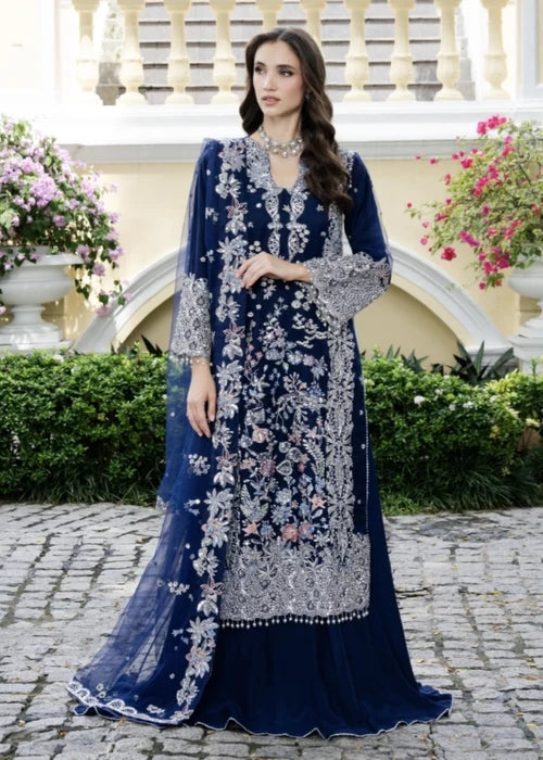 AGHA JAAN Luxury Navy Blue Embroidered Net Long Shirt Lehenga Suit Ready to Wear Pakistani Festive Party Wear Women's Outfit
