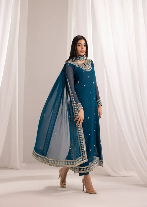 Gulmeher Teal Blue Embroidered Bemberg Crinkle Chiffon Long Kurta Set Ready to Wear Pakistani Festive Party Wear Women's Outfit