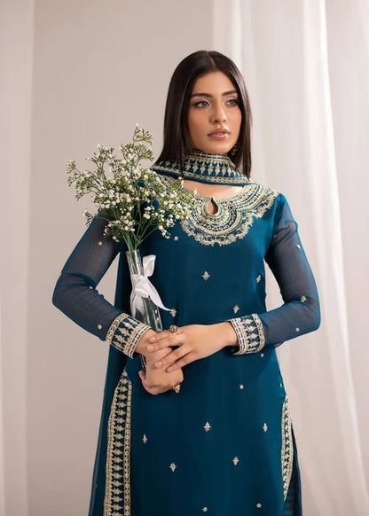 Gulmeher Teal Blue Embroidered Bemberg Crinkle Chiffon Long Kurta Set Ready to Wear Pakistani Festive Party Wear Women's Outfit
