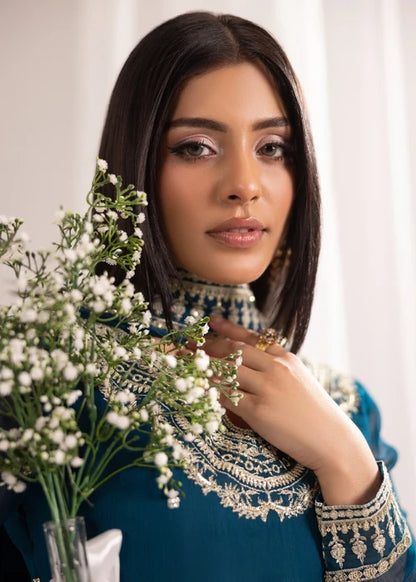 Gulmeher Teal Blue Embroidered Bemberg Crinkle Chiffon Long Kurta Set Ready to Wear Pakistani Festive Party Wear Women's Outfit