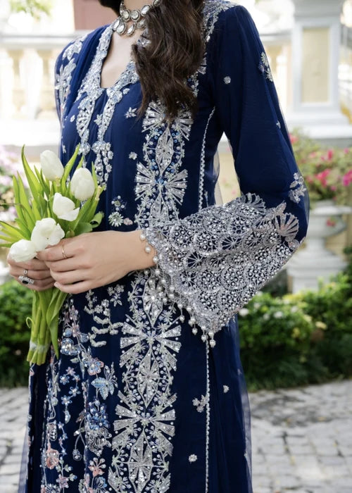 AGHA JAAN Luxury Navy Blue Embroidered Net Long Shirt Lehenga Suit Ready to Wear Pakistani Festive Party Wear Women's Outfit