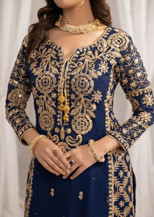 ALYSSA Luxury Navy Blue Embroidered Bemberg Crinkle Chiffon Long Shirt Sharara Suit Ready to Wear Pakistani Festive Party Wear Women's Outfit