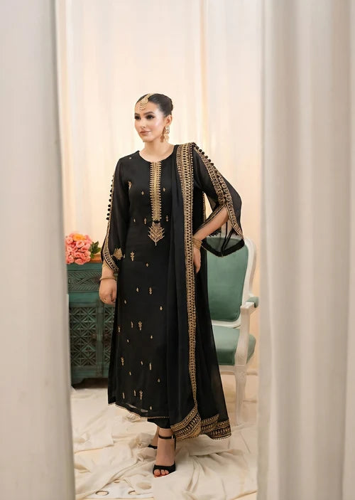 ALYSSA Luxury Jet Black Embroidered Bemberg Crinkle Chiffon Long Kurta Suit Ready to Wear Pakistani Festive Party Wear Women's Outfit