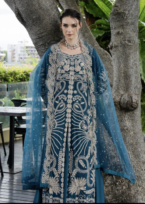 AGHA JAAN Luxury Teal Embroidered Net Long Shirt Lehenga Suit Ready to Wear Pakistani Festive Party Wear Women's Outfit