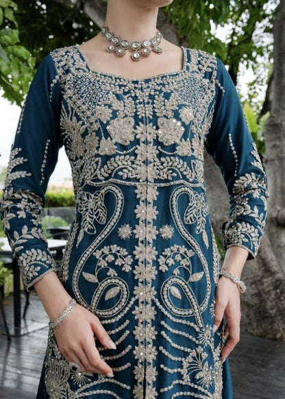 AGHA JAAN Luxury Teal Embroidered Net Long Shirt Lehenga Suit Ready to Wear Pakistani Festive Party Wear Women's Outfit