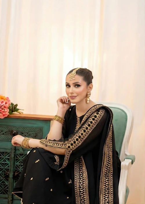 ALYSSA Luxury Jet Black Embroidered Bemberg Crinkle Chiffon Long Kurta Suit Ready to Wear Pakistani Festive Party Wear Women's Outfit
