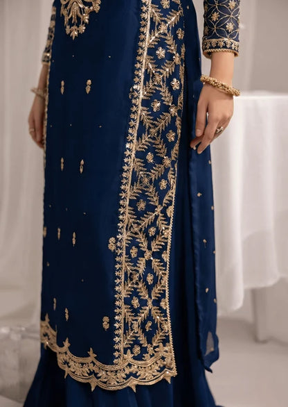 ALYSSA Luxury Navy Blue Embroidered Bemberg Crinkle Chiffon Long Shirt Sharara Suit Ready to Wear Pakistani Festive Party Wear Women's Outfit
