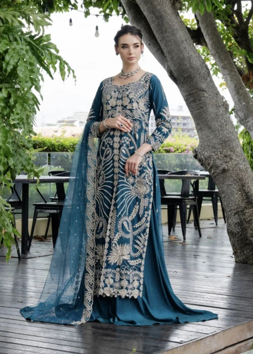 AGHA JAAN Luxury Teal Embroidered Net Long Shirt Lehenga Suit Ready to Wear Pakistani Festive Party Wear Women's Outfit
