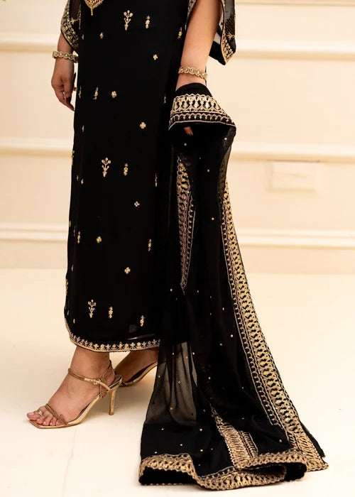 ALYSSA Luxury Jet Black Embroidered Bemberg Crinkle Chiffon Long Kurta Suit Ready to Wear Pakistani Festive Party Wear Women's Outfit