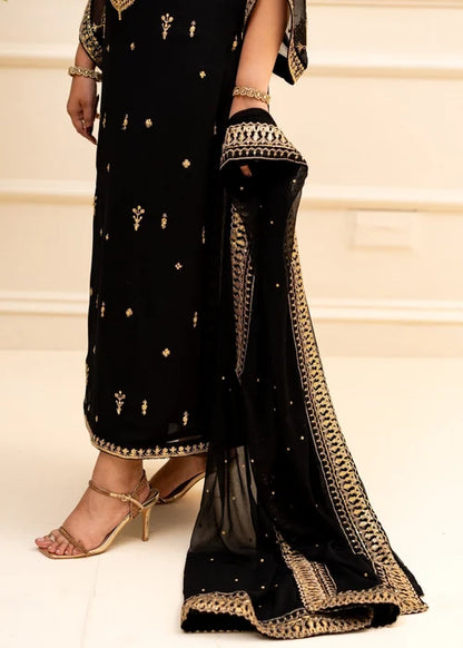 ALYSSA Luxury Jet Black Embroidered Bemberg Crinkle Chiffon Long Kurta Suit Ready to Wear Pakistani Festive Party Wear Women's Outfit