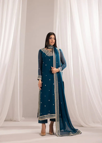Gulmeher Teal Blue Embroidered Bemberg Crinkle Chiffon Long Kurta Set Ready to Wear Pakistani Festive Party Wear Women's Outfit