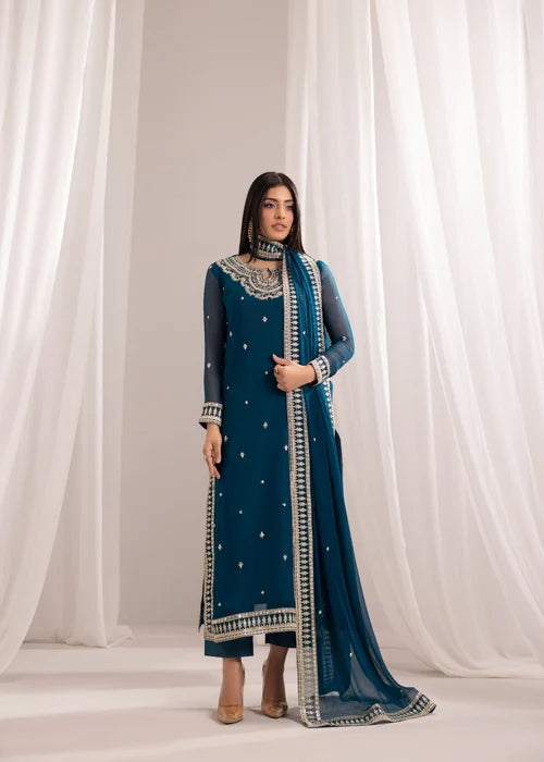 Gulmeher Teal Blue Embroidered Bemberg Crinkle Chiffon Long Kurta Set Ready to Wear Pakistani Festive Party Wear Women's Outfit