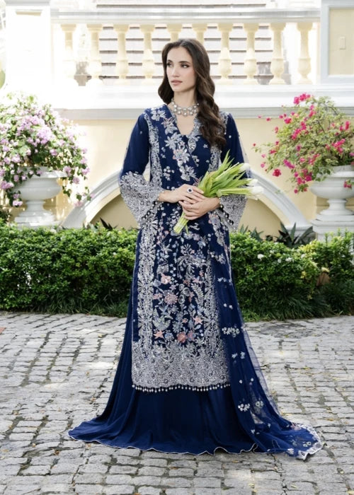 AGHA JAAN Luxury Navy Blue Embroidered Net Long Shirt Lehenga Suit Ready to Wear Pakistani Festive Party Wear Women's Outfit