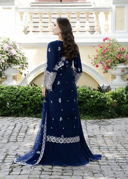 AGHA JAAN Luxury Navy Blue Embroidered Net Long Shirt Lehenga Suit Ready to Wear Pakistani Festive Party Wear Women's Outfit