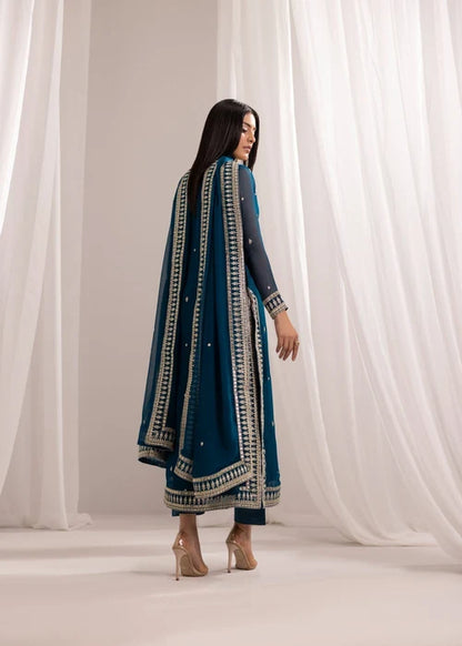 Gulmeher Teal Blue Embroidered Bemberg Crinkle Chiffon Long Kurta Set Ready to Wear Pakistani Festive Party Wear Women's Outfit