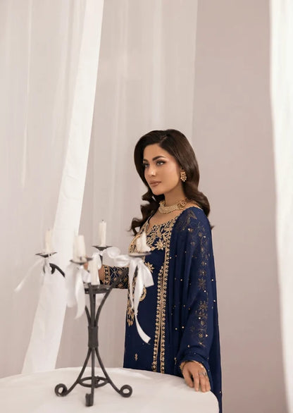 ALYSSA Luxury Navy Blue Embroidered Bemberg Crinkle Chiffon Long Shirt Sharara Suit Ready to Wear Pakistani Festive Party Wear Women's Outfit