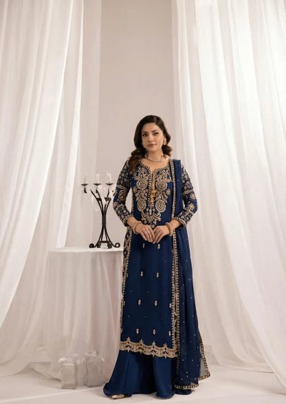 ALYSSA Luxury Navy Blue Embroidered Bemberg Crinkle Chiffon Long Shirt Sharara Suit Ready to Wear Pakistani Festive Party Wear Women's Outfit