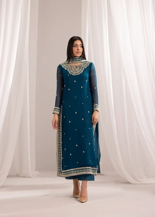 Gulmeher Teal Blue Embroidered Bemberg Crinkle Chiffon Long Kurta Set Ready to Wear Pakistani Festive Party Wear Women's Outfit