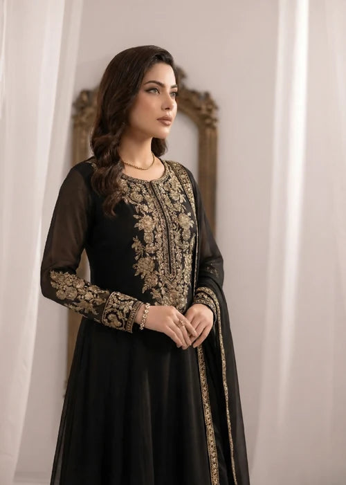Gulnoor Jet Black Embroidered Bemberg Crinkle Chiffon Flared Maxi Suit Ready to Wear Pakistani Festive Party Wear Women's Outfit