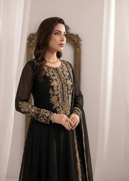 Gulnoor Jet Black Embroidered Bemberg Crinkle Chiffon Flared Maxi Suit Ready to Wear Pakistani Festive Party Wear Women's Outfit