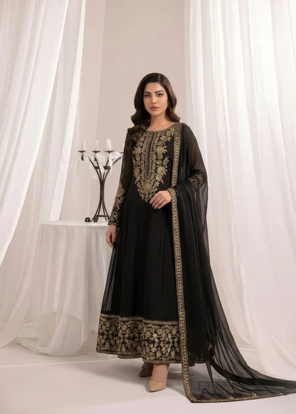 Gulnoor Jet Black Embroidered Bemberg Crinkle Chiffon Flared Maxi Suit Ready to Wear Pakistani Festive Party Wear Women's Outfit