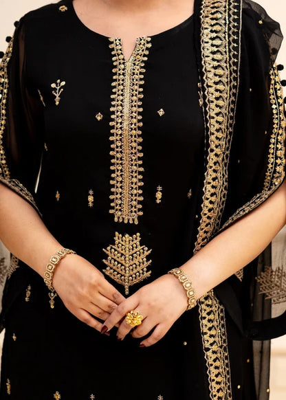 ALYSSA Luxury Jet Black Embroidered Bemberg Crinkle Chiffon Long Kurta Suit Ready to Wear Pakistani Festive Party Wear Women's Outfit