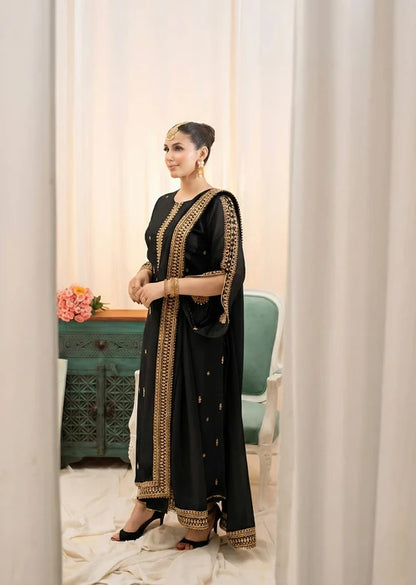 ALYSSA Luxury Jet Black Embroidered Bemberg Crinkle Chiffon Long Kurta Suit Ready to Wear Pakistani Festive Party Wear Women's Outfit