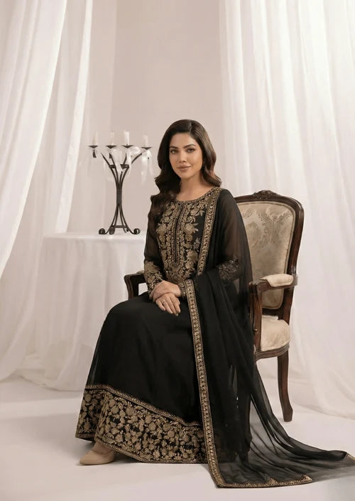 Gulnoor Jet Black Embroidered Bemberg Crinkle Chiffon Flared Maxi Suit Ready to Wear Pakistani Festive Party Wear Women's Outfit