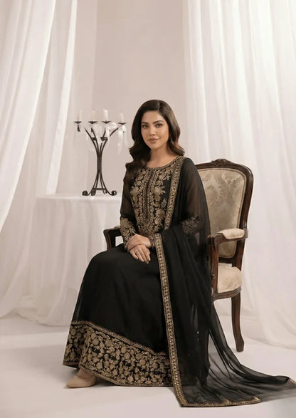 Gulnoor Jet Black Embroidered Bemberg Crinkle Chiffon Flared Maxi Suit Ready to Wear Pakistani Festive Party Wear Women's Outfit