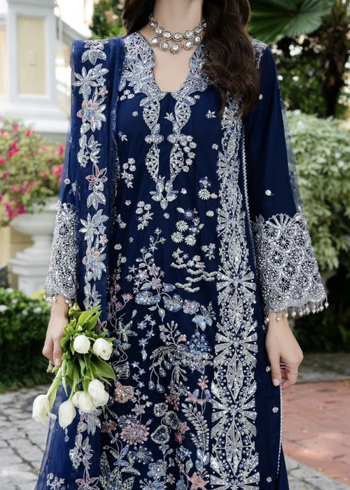 AGHA JAAN Luxury Navy Blue Embroidered Net Long Shirt Lehenga Suit Ready to Wear Pakistani Festive Party Wear Women's Outfit