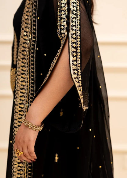 ALYSSA Luxury Jet Black Embroidered Bemberg Crinkle Chiffon Long Kurta Suit Ready to Wear Pakistani Festive Party Wear Women's Outfit